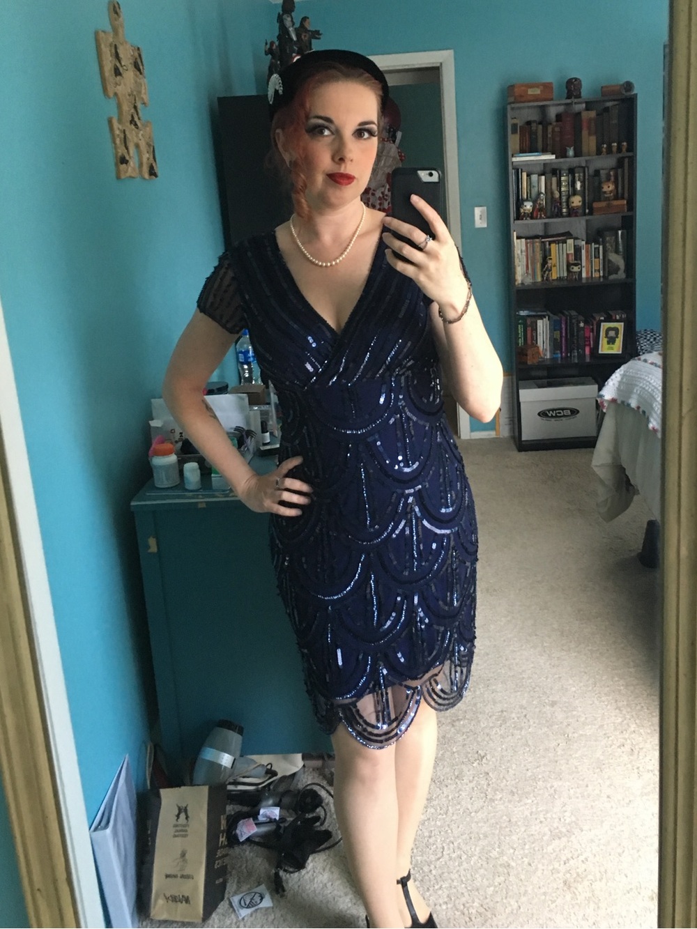 Marina Navy Sequin V-Neck Cocktail Dress